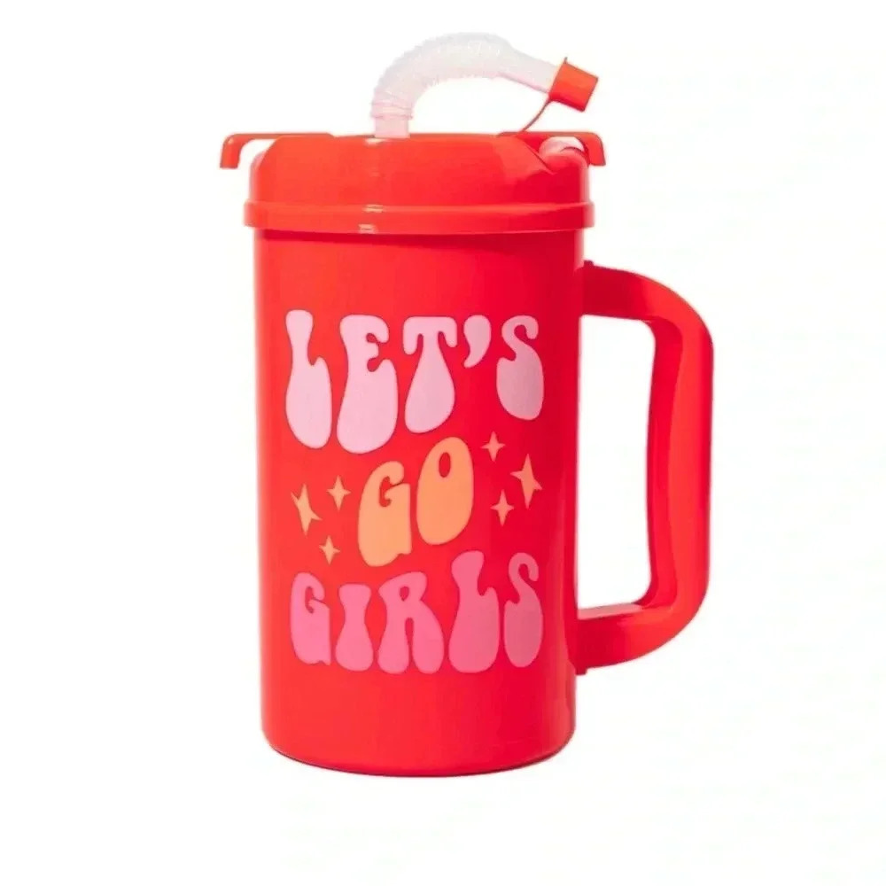 New Lets Go Girls Retro Style Mug With Straw Red Pink Fun Gift for her